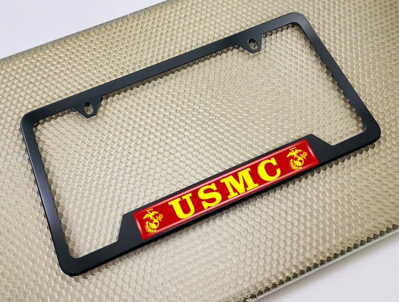 USMC - Eagle, Globe, and Anchor logo - Stainless Steel Black 2-hole Car License Plate Frame